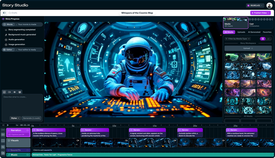 Story.com Studio timeline showing a generated astronaut scene, media library, narration blocks, visuals, sound effects, and music tracks.