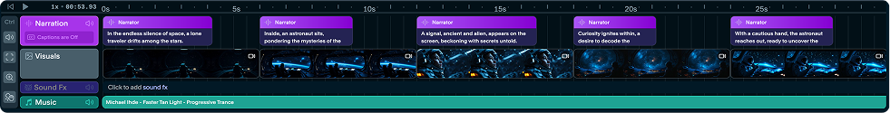 Story.com Studio timeline detail with purple narration segments, video thumbnails, sound effects, and music track.