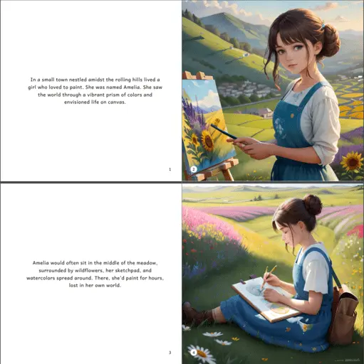 Story.com storybook sample showing illustrated pages with a girl painting in a hillside setting.